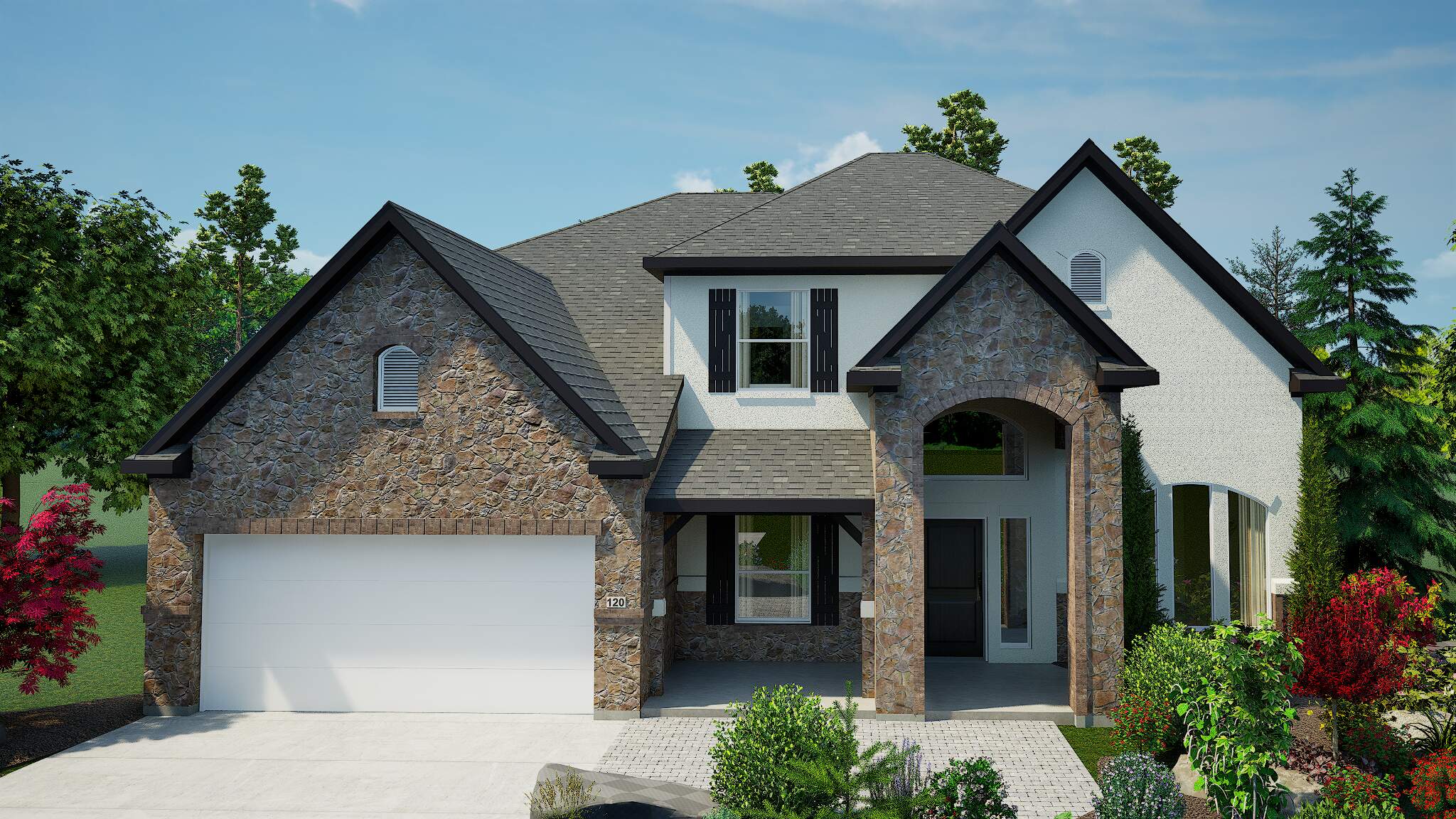 High-quality rendering of a modern two-story house with a stone and stucco exterior, in bright natural daylight, with architectural details and lush landscaping.