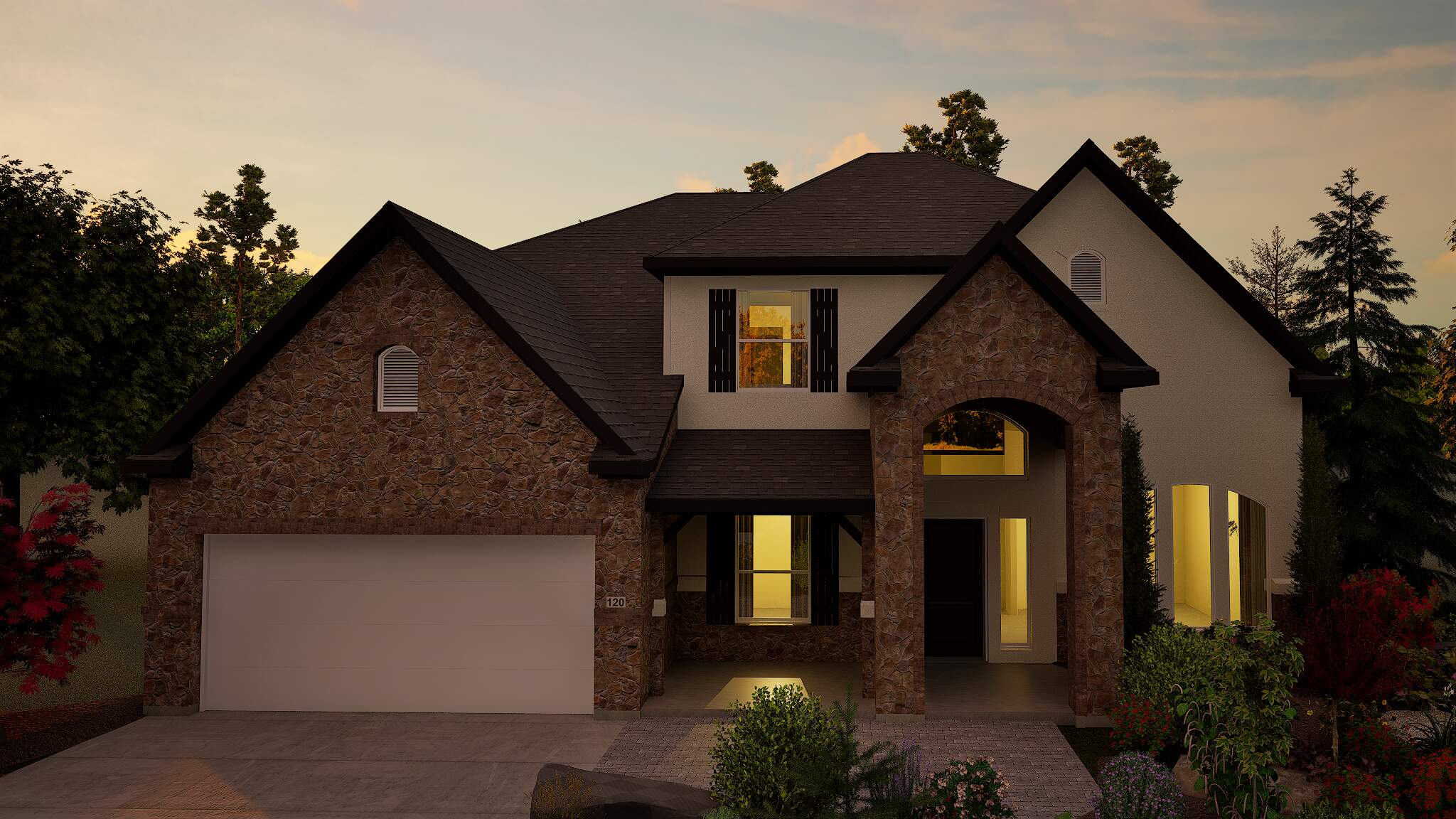 High quality rendering of the same two-story home capturing the warm glow of sunset, with soft golden light reflecting off the stone facade and illuminated interior windows.