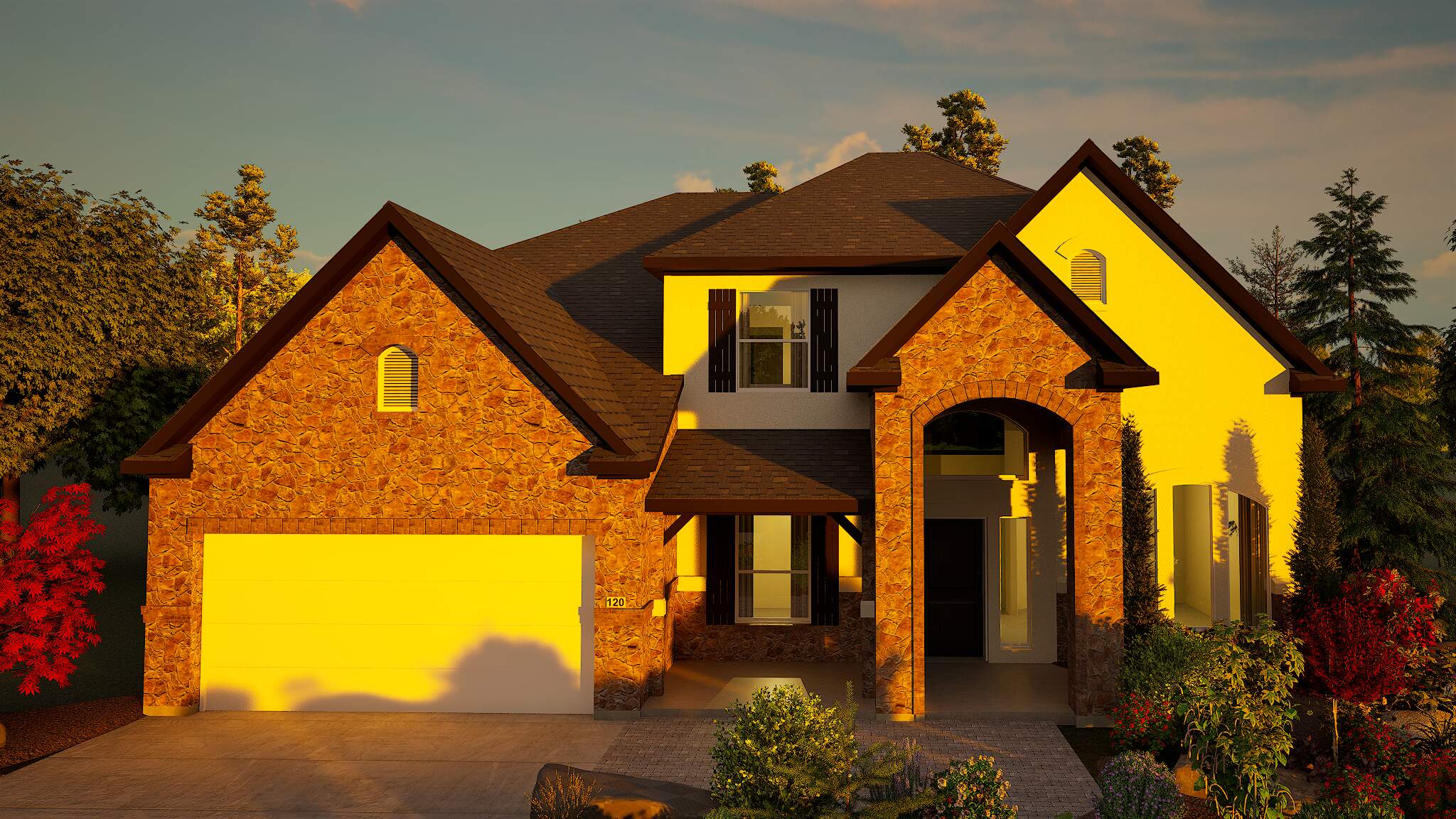 High quality rendering of the same two-story home at sunrise, featuring rich golden hues casting long shadows and emphasizing textures, with the early morning sun illuminating the front.
