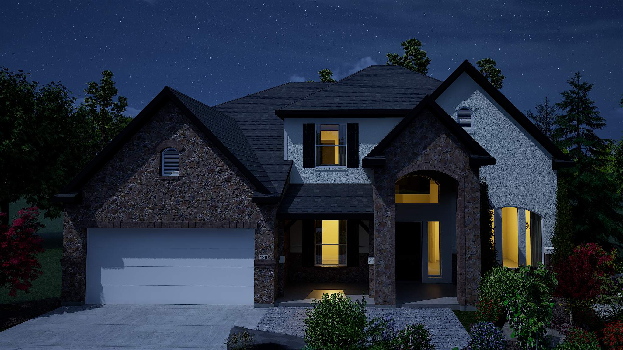 High quality rendering of the same two-story home set in the evening, showcasing a well-lit interior and soft exterior lighting against a deep blue sky with stars.
