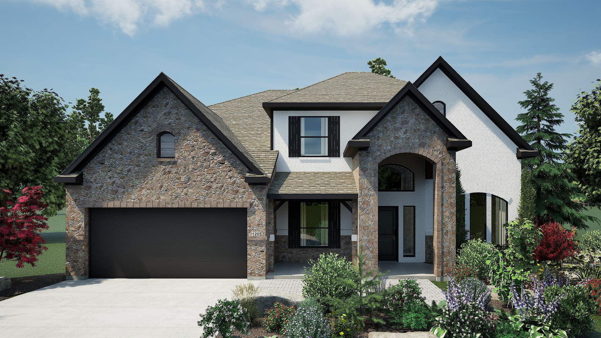 High quality rendering of the same two-story home with a mix of light and dark elements, including warm stone, white stucco, and black window trims, creating a balanced and eye-catching contrast.