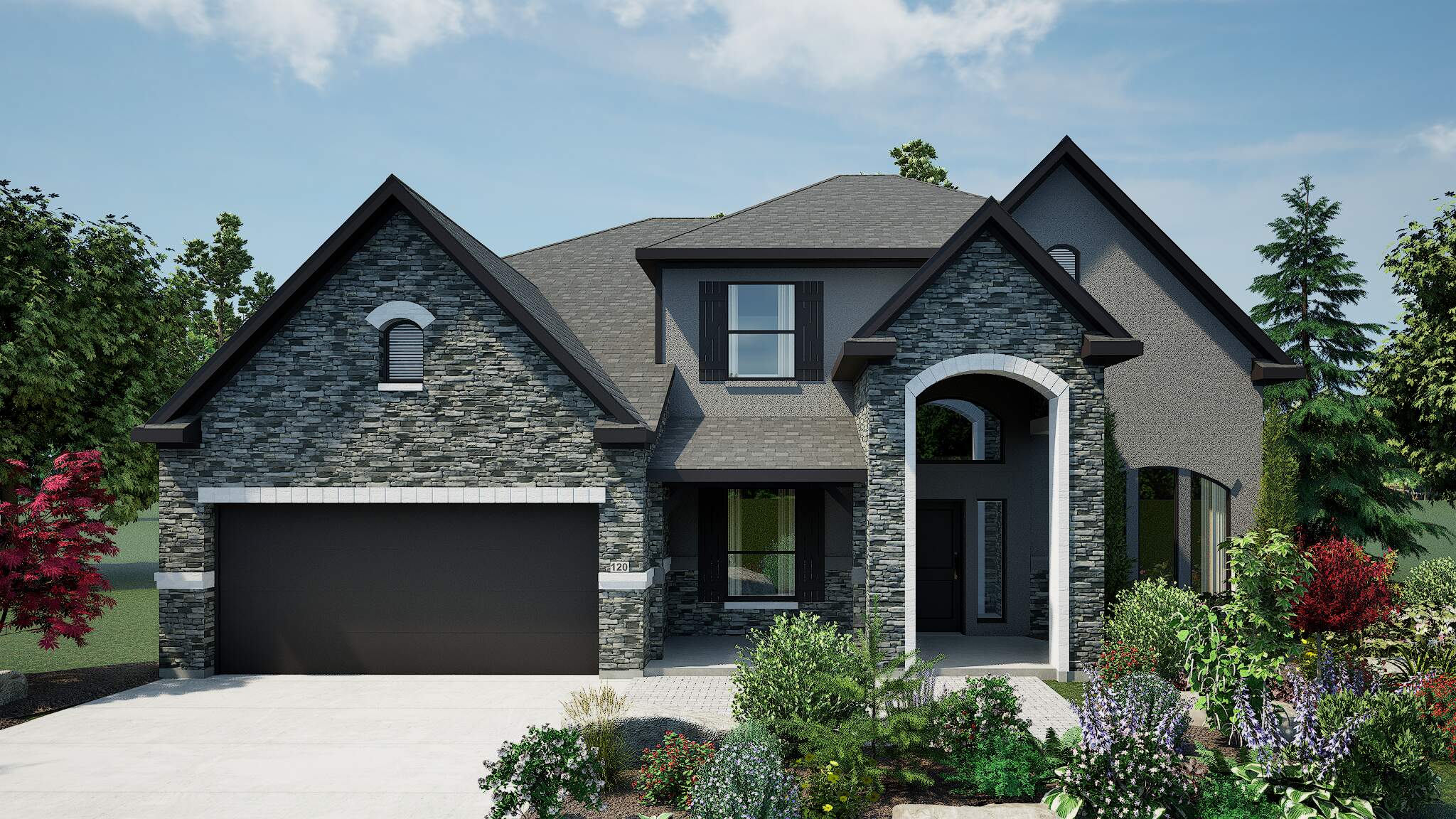 High quality rendering of the same two-story home with a dark color scheme, featuring deep gray stone, black garage door, and dark trim accents, offering a dramatic and contemporary aesthetic.