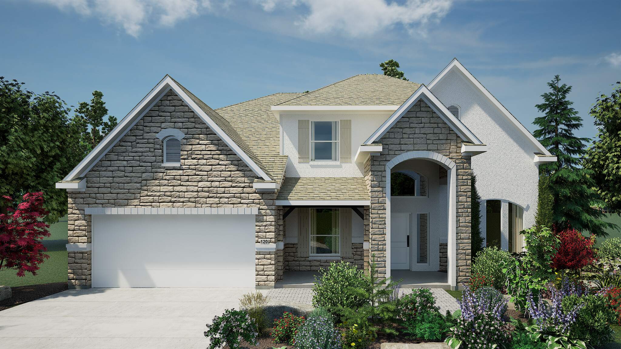 High quality endering of the same suburban home with a light and airy color scheme, including beige stone, white stucco, and a soft tan roof.