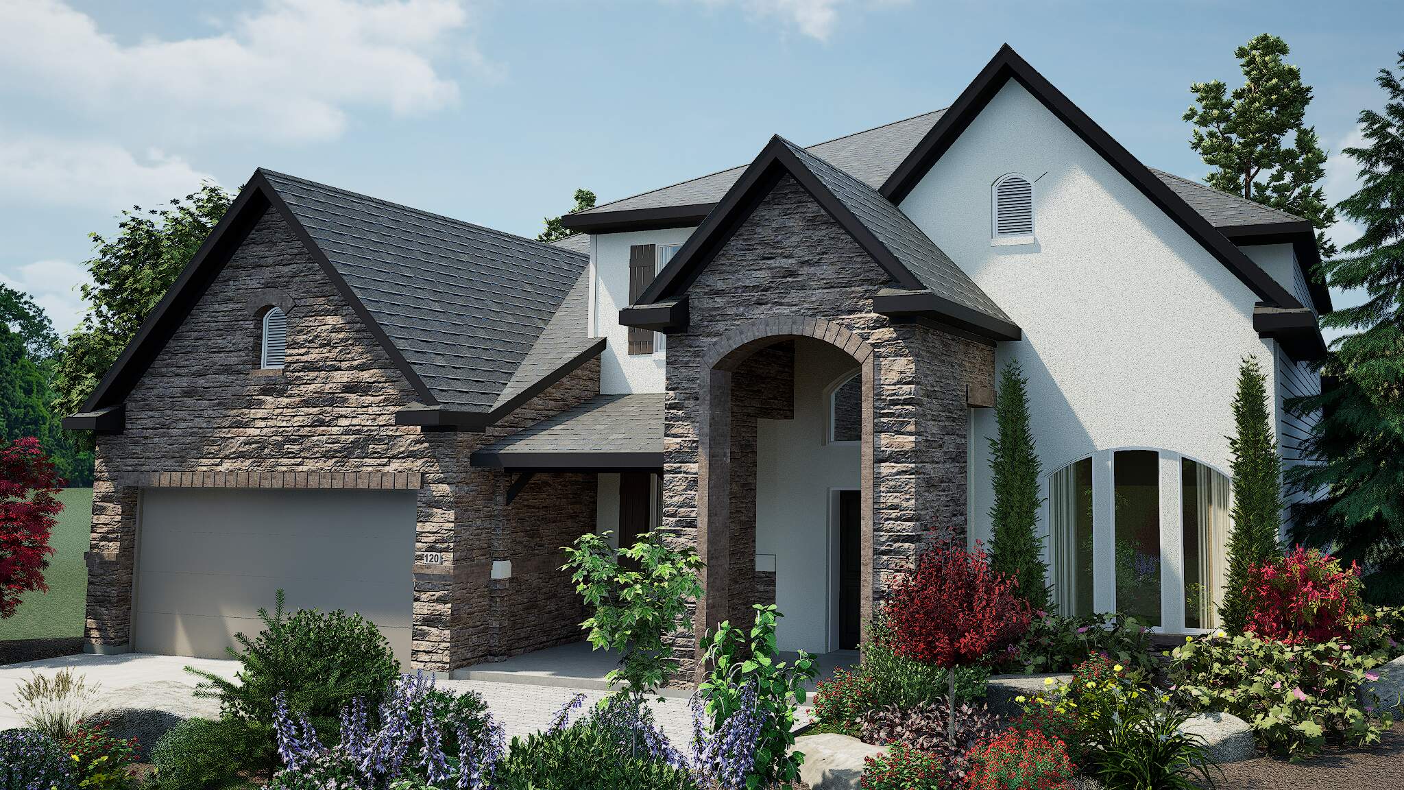 An angled front rendering of the same house, emphasizing the architectural details of the arched entrance, stone facade, and lush landscaping.