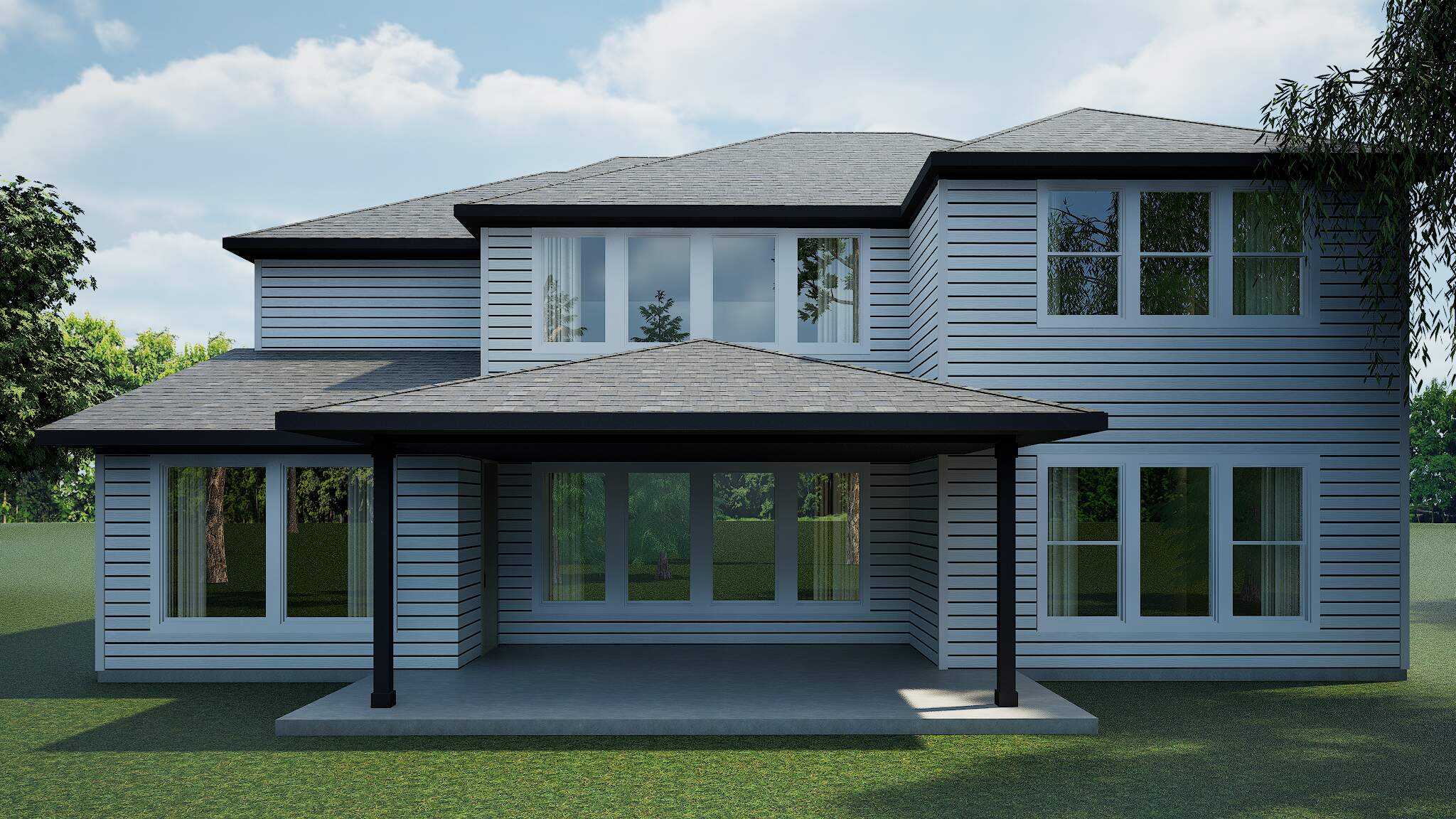 A rear rendering view of the same house displaying a large covered patio, white siding exterior, expansive windows, and a spacious backyard.
