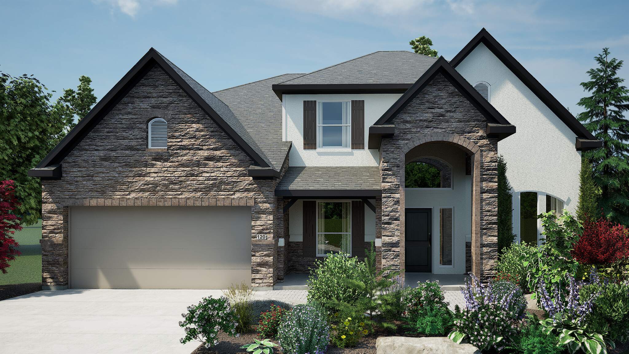 High-quality 3D home rendering of a two-story house with a stone and stucco exterior, arched entryway, and detailed landscaping.