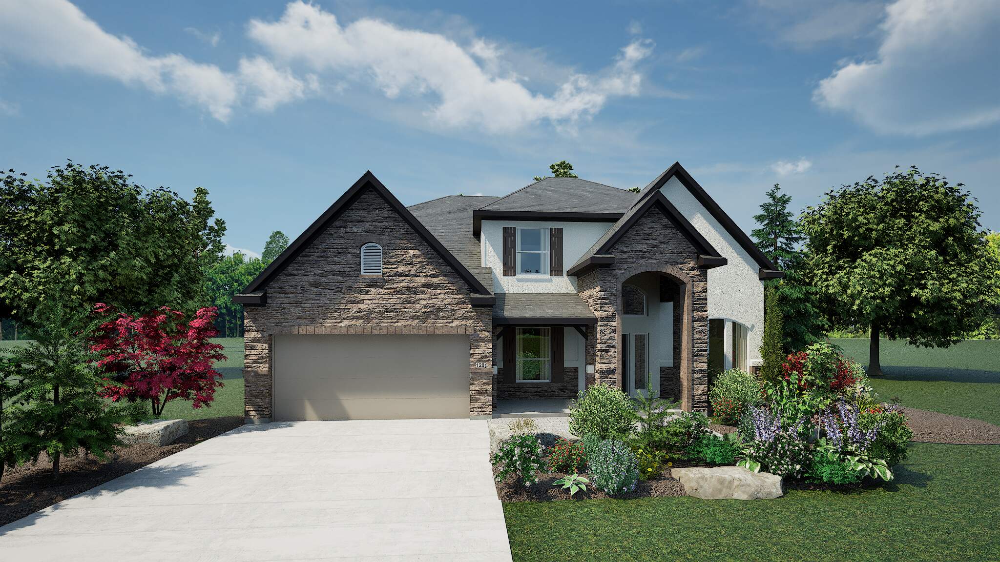 A wide-angle 3D architectural rendering of the same modern suburban home, showcasing exterior materials, landscaping, and driveway.