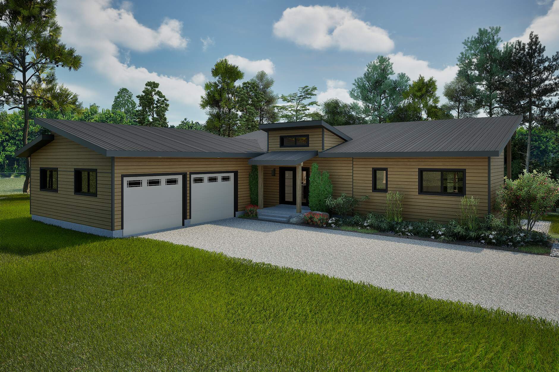 Modern-Wood-Ranch-Home A high-resolution 8K exterior home rendering of a contemporary ranch-style house, optimized for billboard displays. This architectural rendering emphasizes realistic lighting, landscaping, and material finishes.