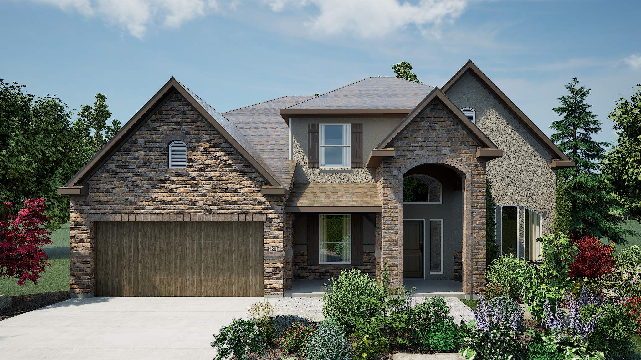 High quality home rendering featuring a modern two-story home with a warm color scheme, featuring earthy brown stone, wood-toned garage door, and soft beige stucco, complemented by lush landscaping.