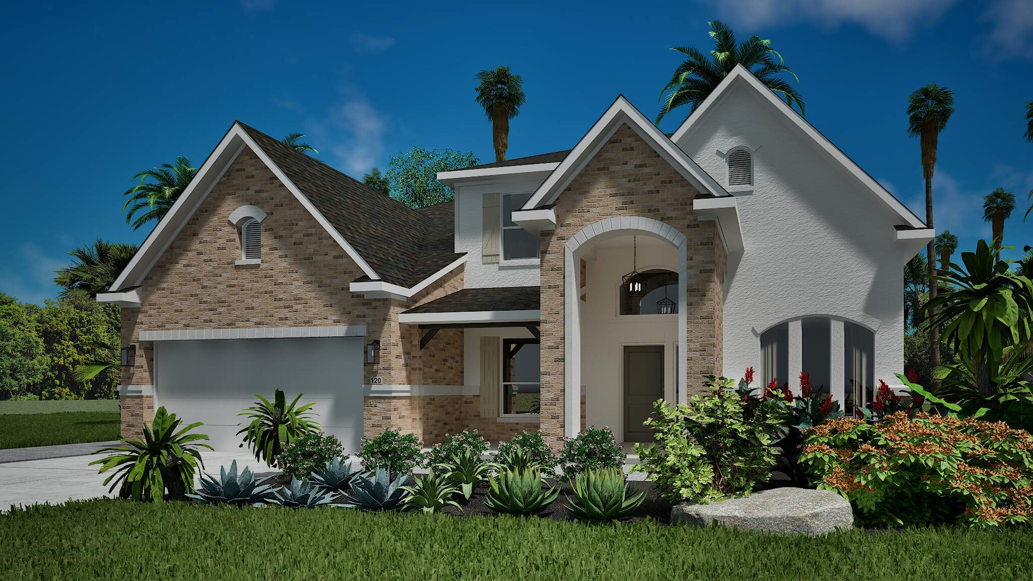 High quality rendering of the same two-story home surrounded by lush tropical landscaping, including palm trees, exotic plants, and bright greenery.