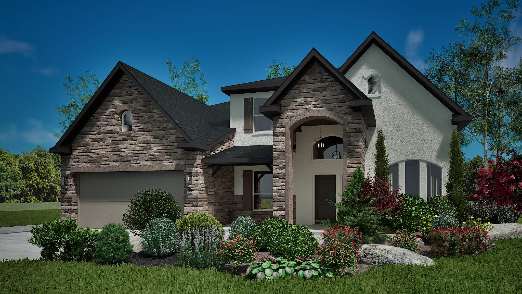 High-quality 3D home rendering featuring a suburban landscape with neatly manicured greenery, vibrant flowers, and a structured modern design.