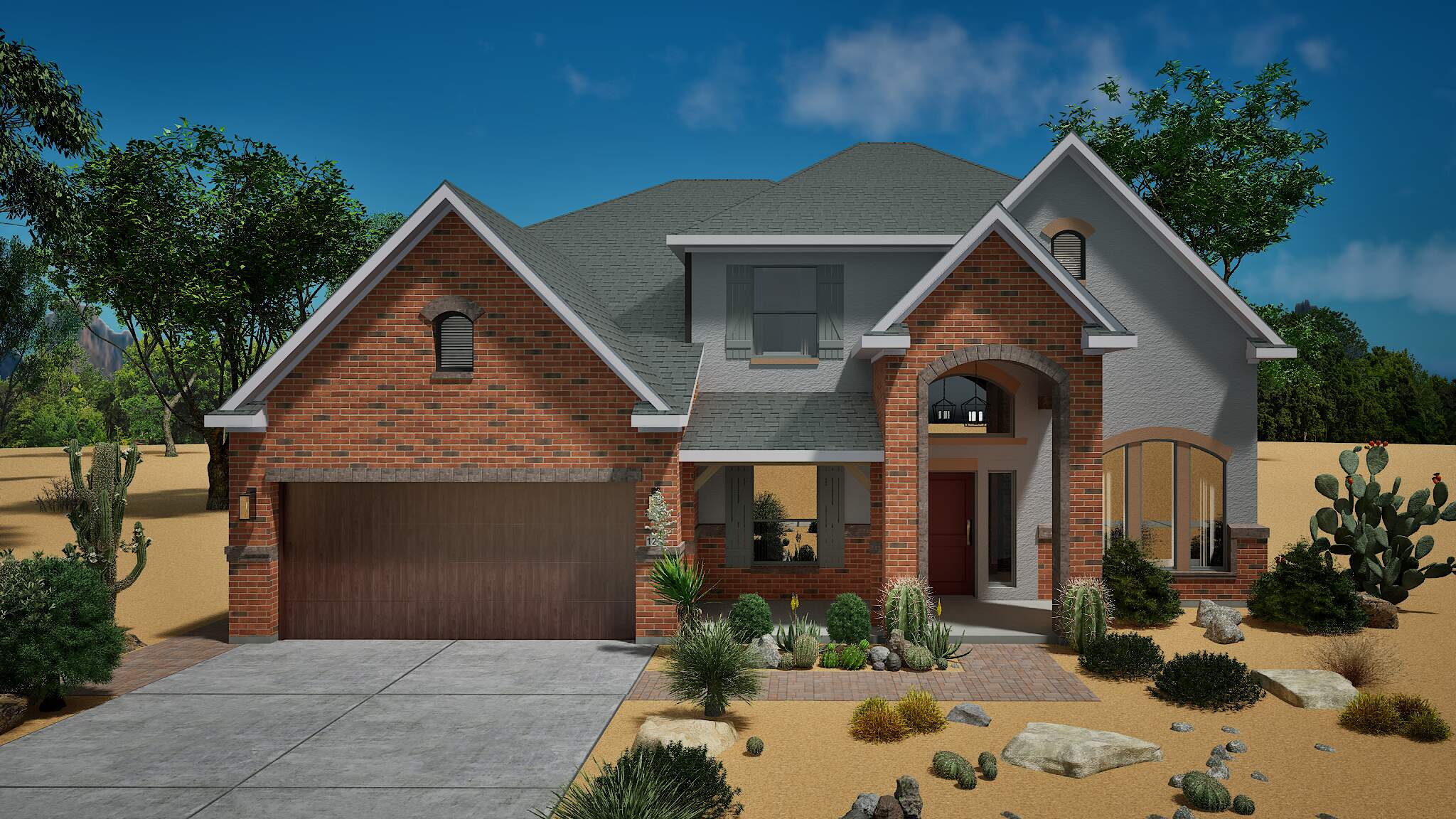 warm-brick-home-desert-landscaping A photorealistic 4K exterior rendering of a luxury home in a desert landscape, designed for marketing videos. This architectural rendering highlights intricate home details and realistic textures.