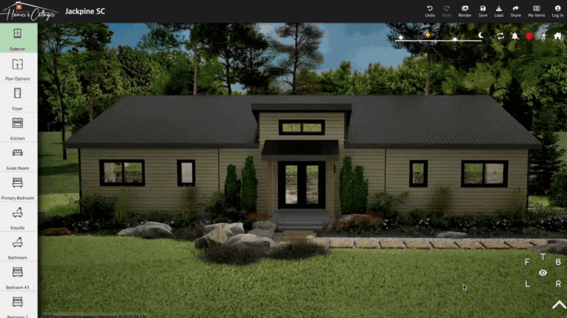 Aareas' Virtual Design Center home configurator interface displaying real-time exterior navigation, interior finish selection with live pricing, and checkout workflow.