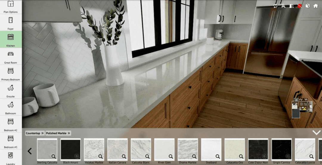 Aareas’ home configurator displaying a 3D floor plan with navigation menu for customizing rooms, finishes, and structural options.
