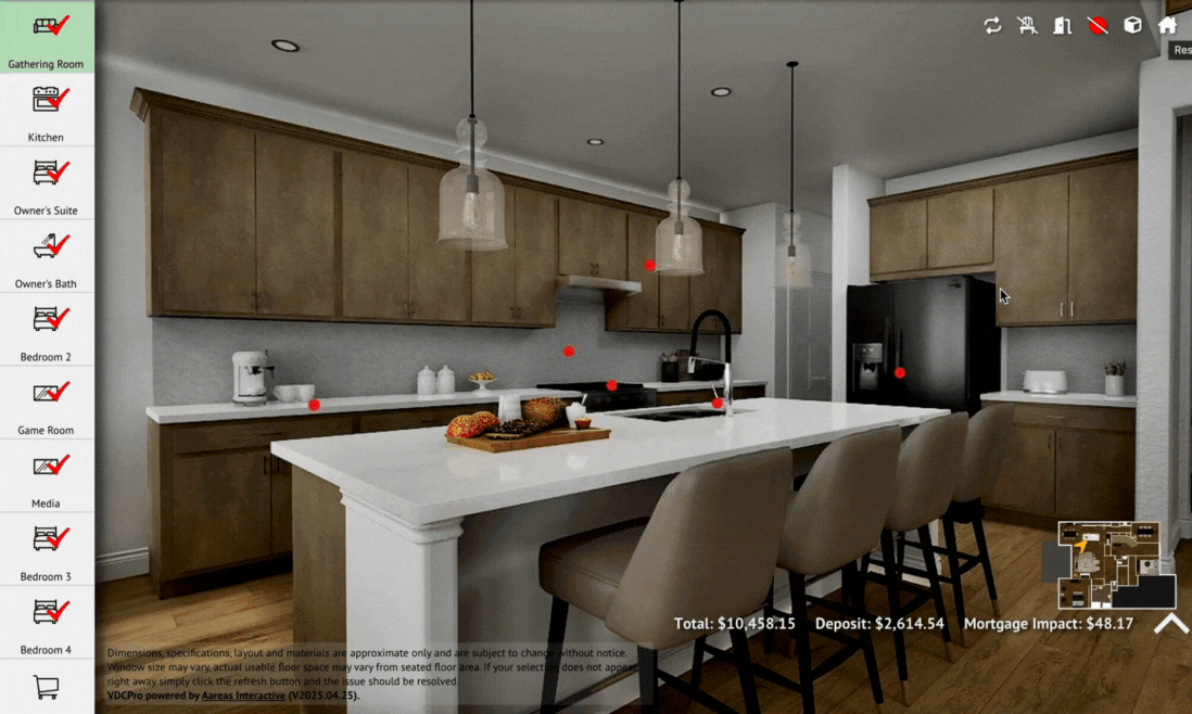 Within the home configurator, a fridge option is selected and pricing impact updates instantly; the camera zooms out to show the new appliance, scrolls through selection sheets, and continues to checkout — showcasing real-time design and pricing in the Virtual Design Center.
