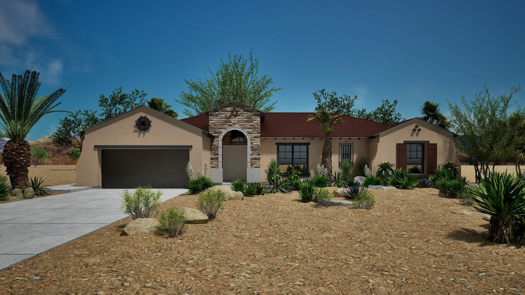 Contemporary home in a desert setting with tile roof.