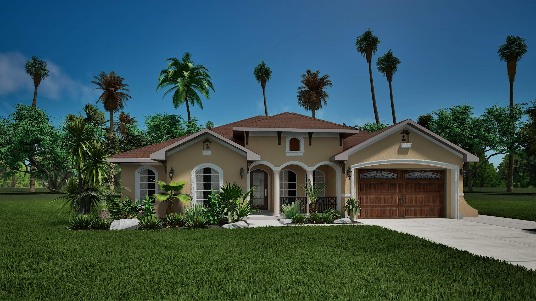 Elegant Spanish ranch with arched entry way and wood garage door.