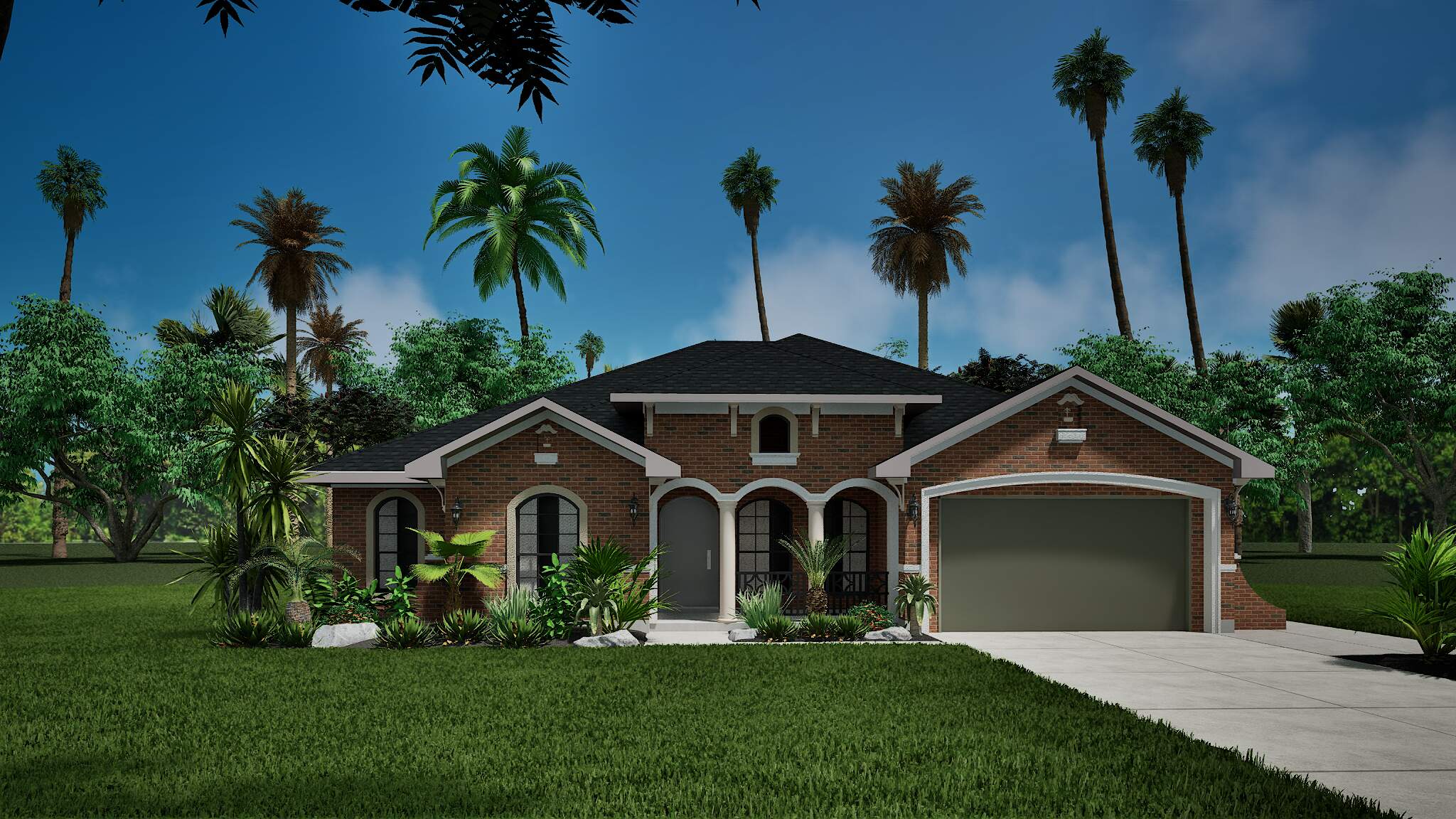 Modern ranch home with stone accents and tropical landscaping.