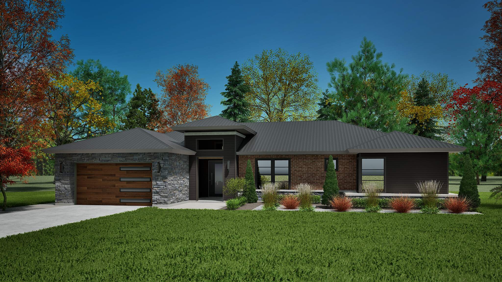 Modern ranch home with wood accents and in a fall setting.