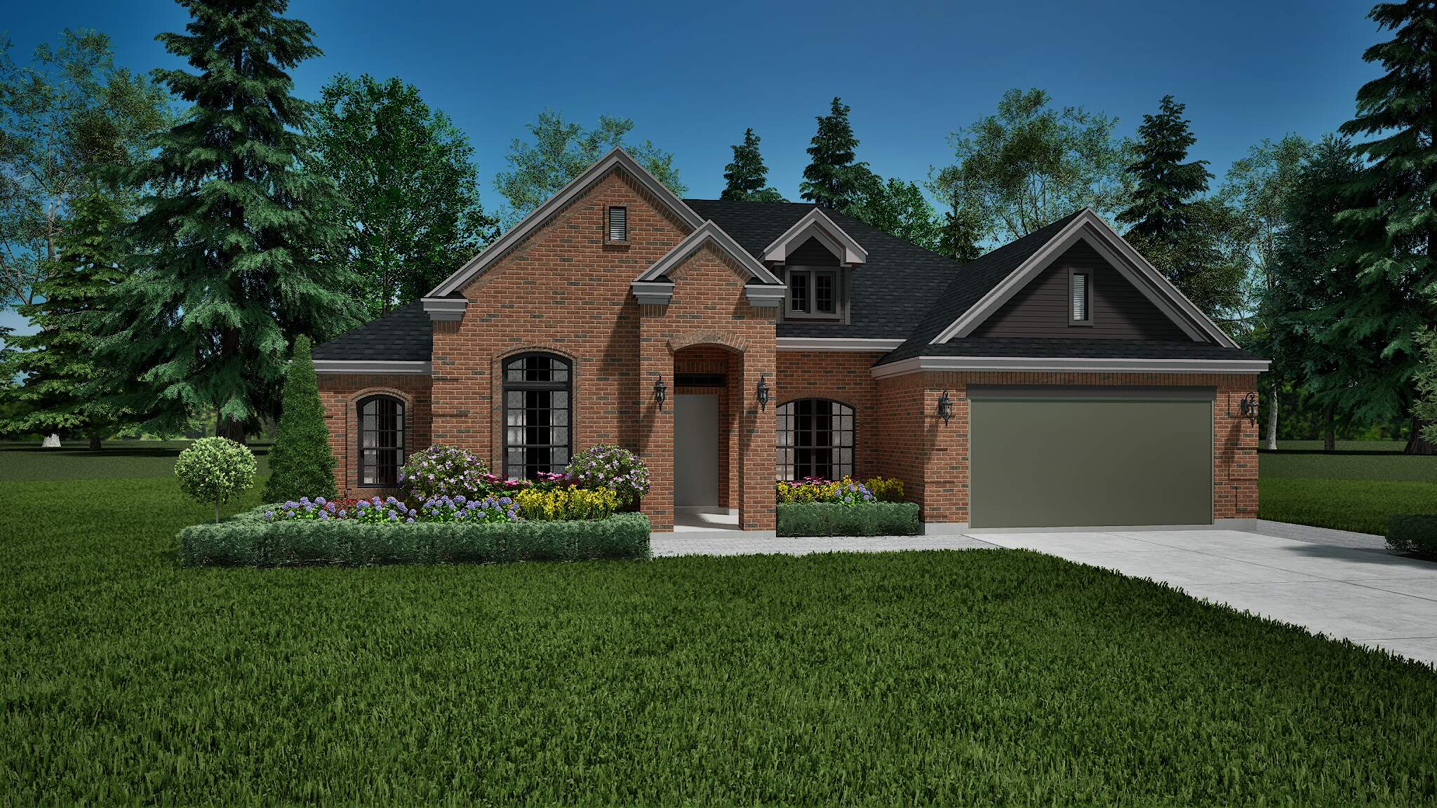 Modern brick farmhouse with black windows and trim and green garage.