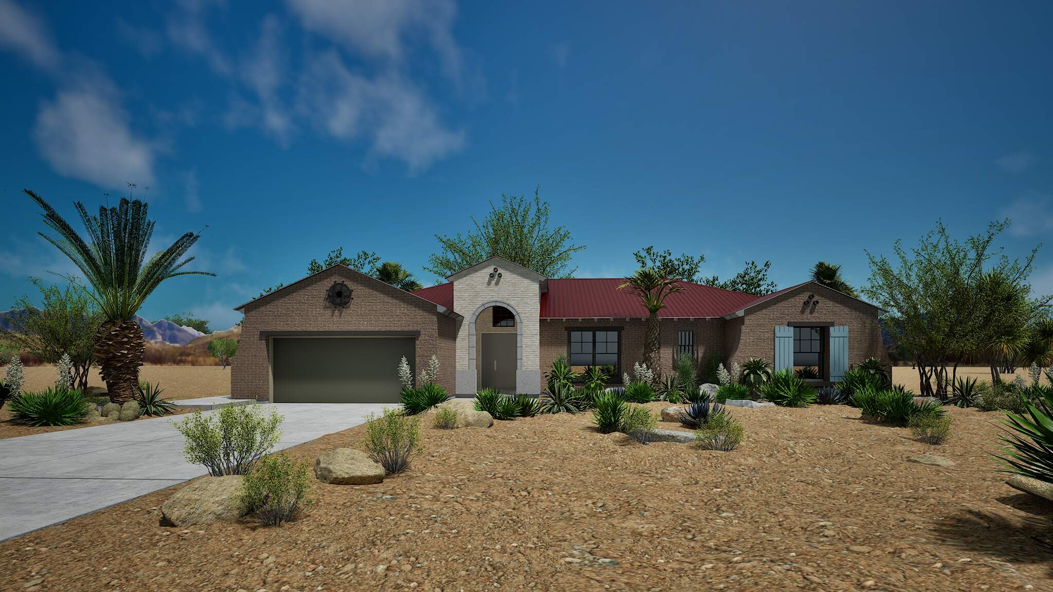Desert-style stucco home with arched entry and red accent roof.