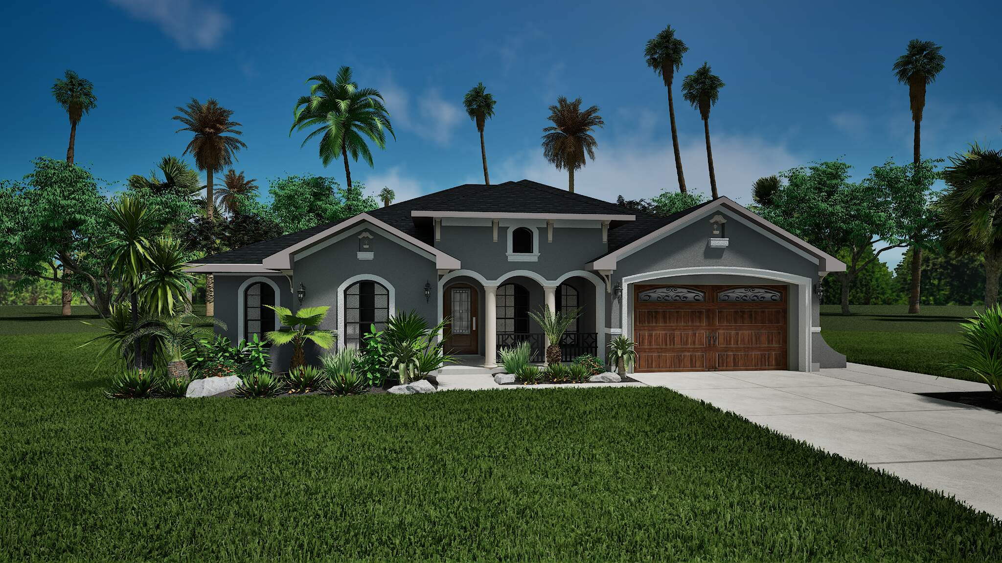 Dark grey tropical-style stucco home with manicured lawn.