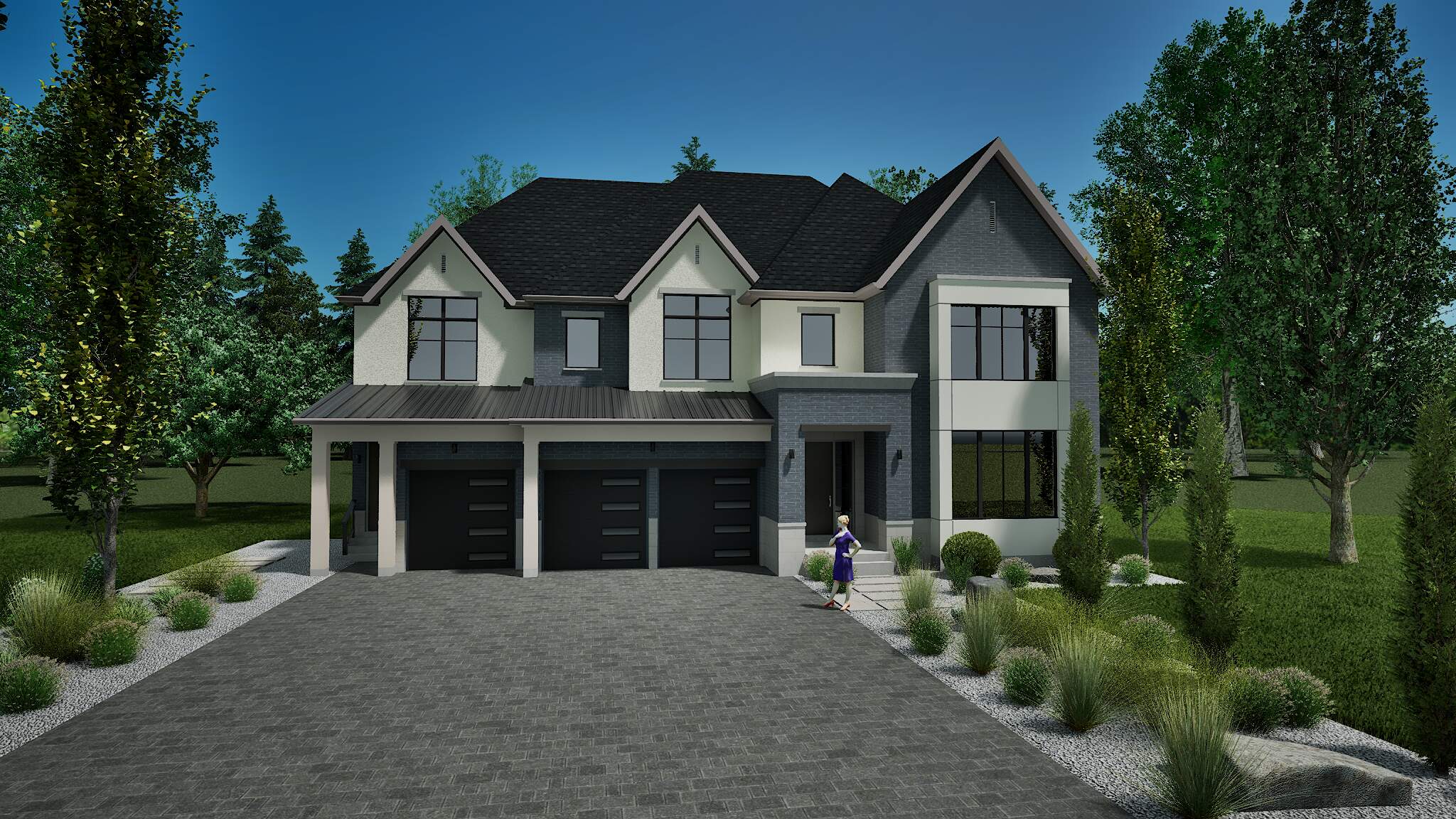 Modern-style two-story home with dark shutters and person standing in front.