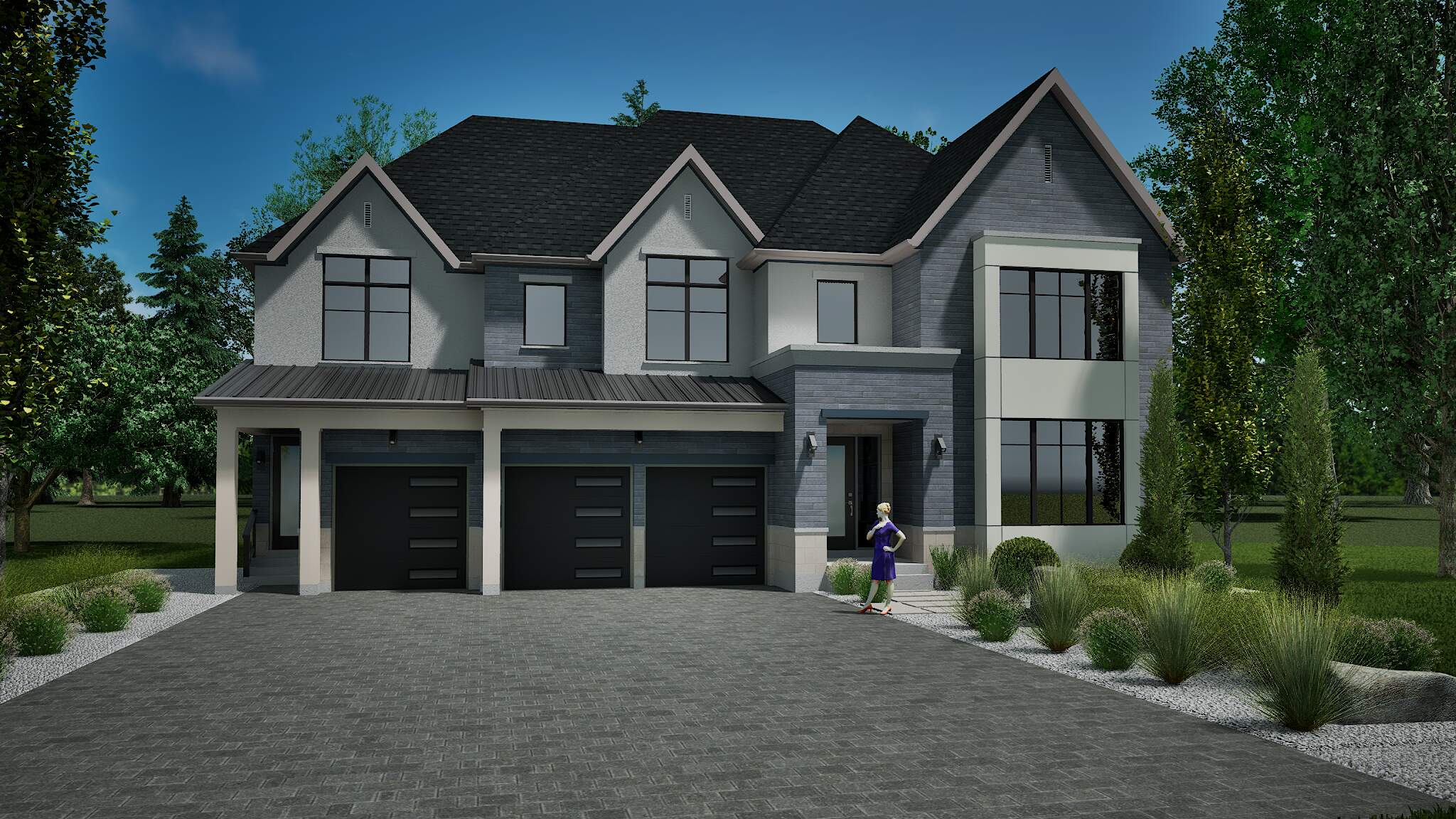 Modern-style two-story home with light shutters and person standing in front.