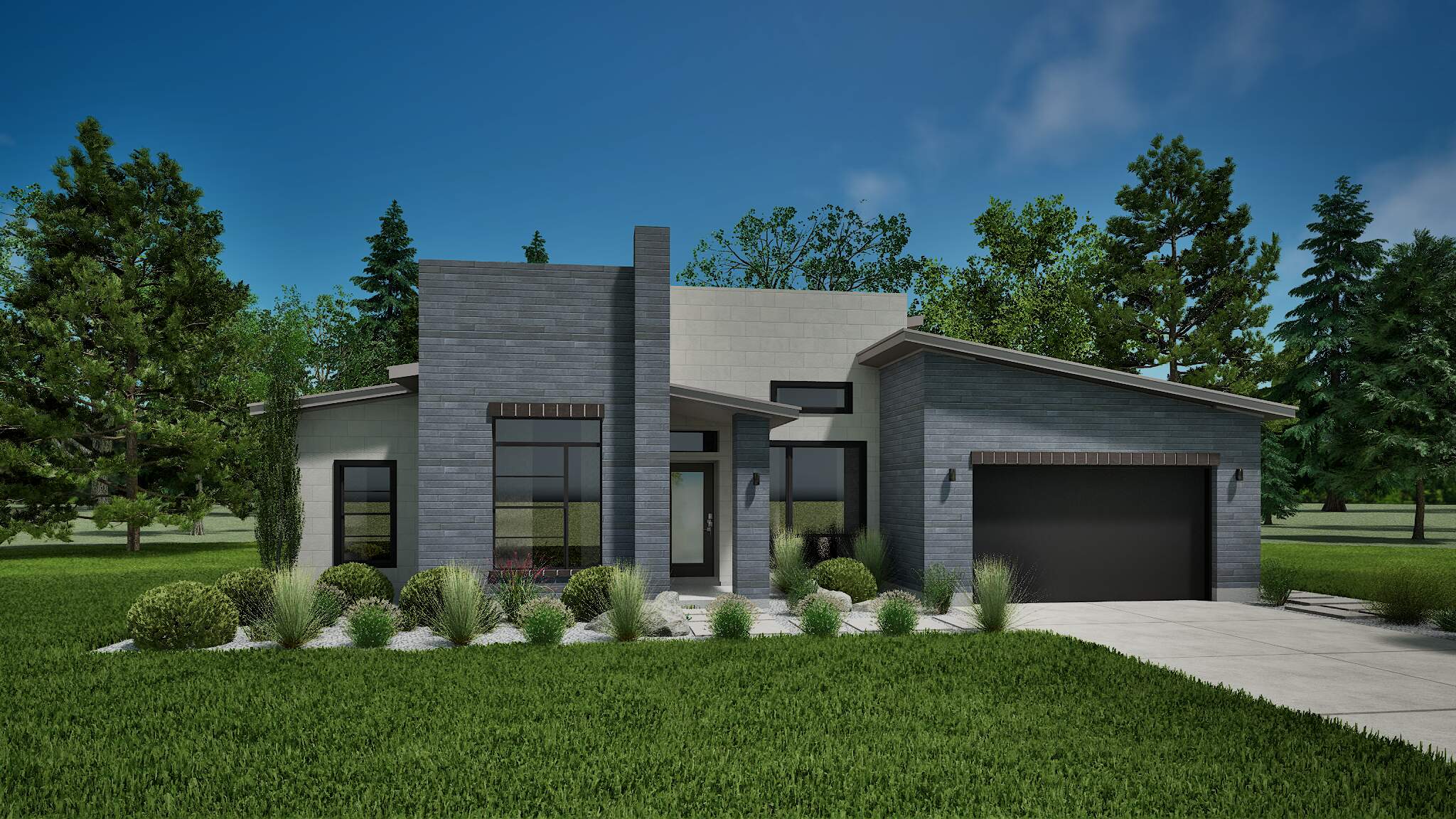 Modern single-story home with sleek grey exterior and lush front lawn.