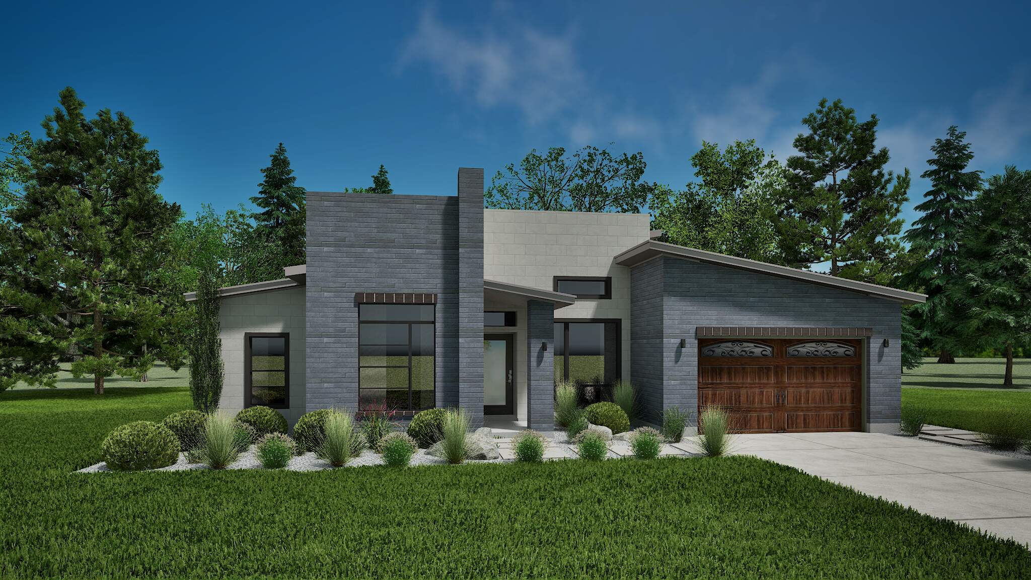 Modern single-story home with sleek grey exterior, wooden garage door and lush front lawn.