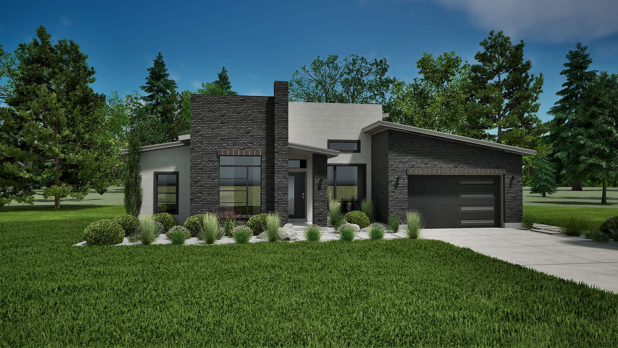 Single-story modern home with manicured lawn.