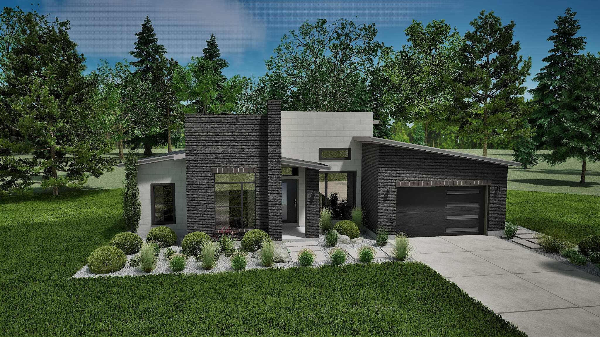 Modern single-story home with sleek dark exterior and lush front lawn.