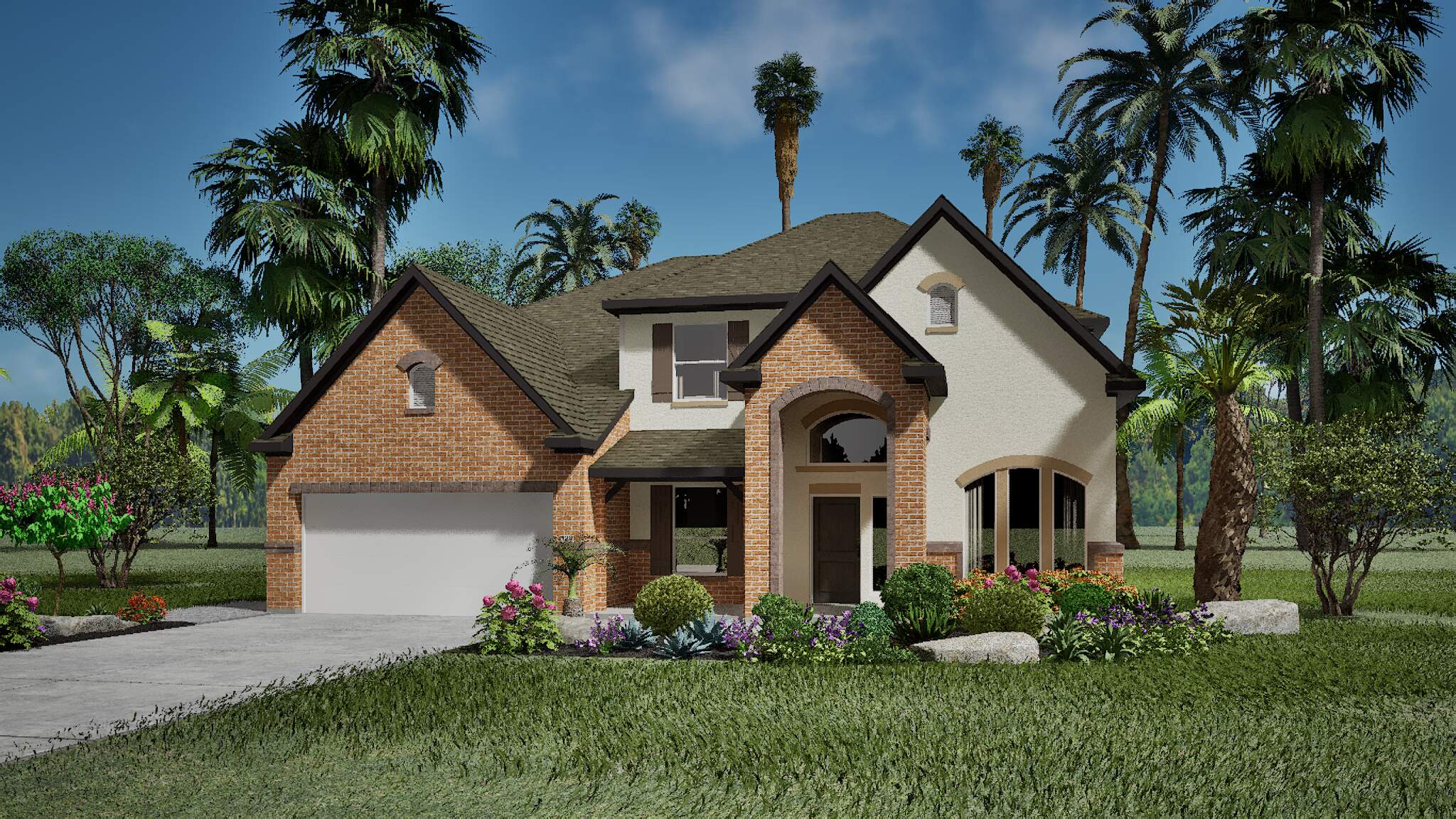 Transitional home with stucco and stone entryway in a tropical setting.