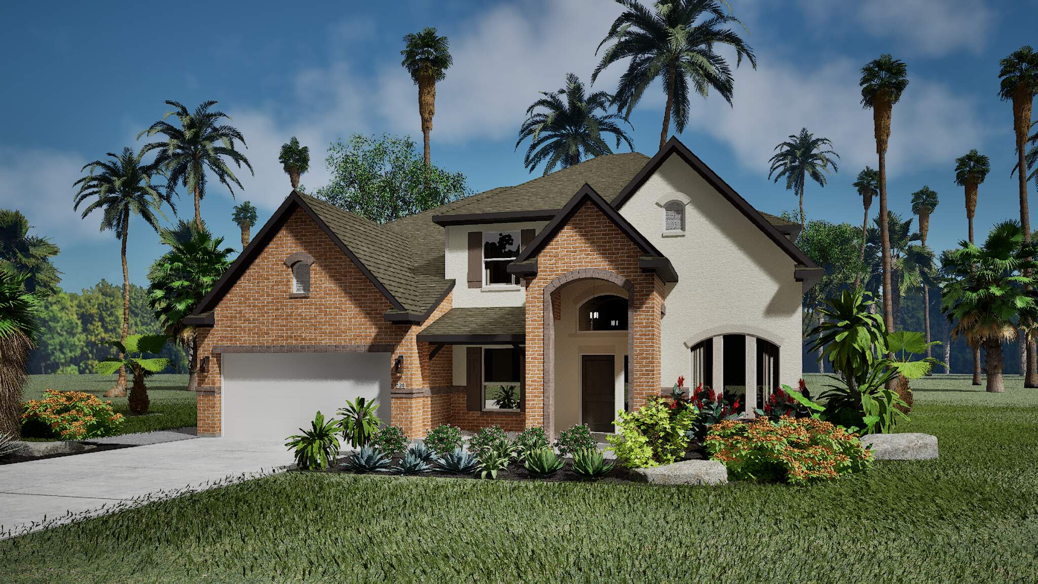 Tropical-style home with vaulted porch and palm trees.
