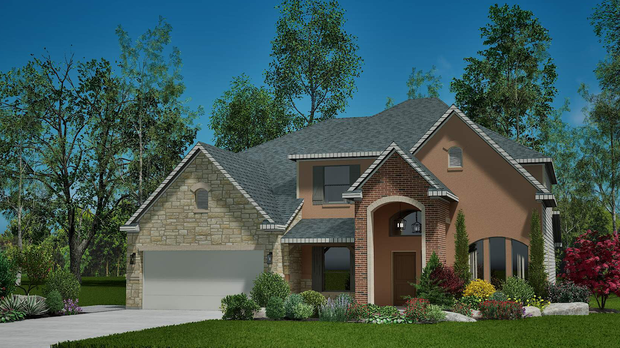 Urban-style home with light stone and stucco details.