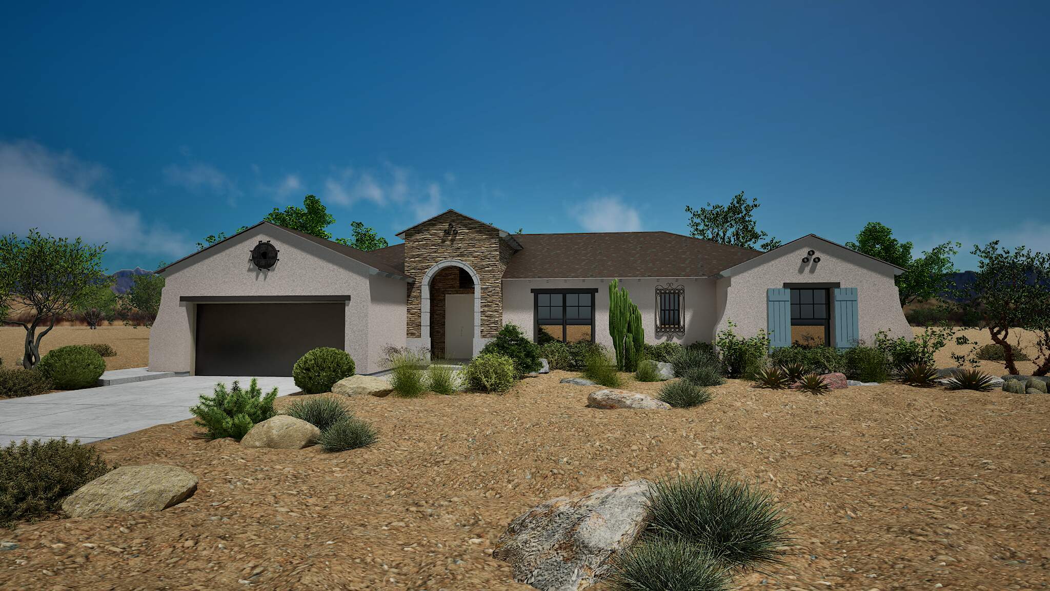 Desert-style stucco home with arched entry and blue accents.