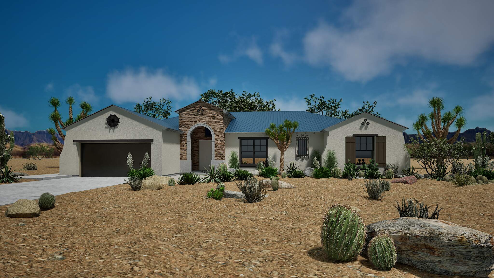 Desert-style stucco home with arched entry and blue roof.