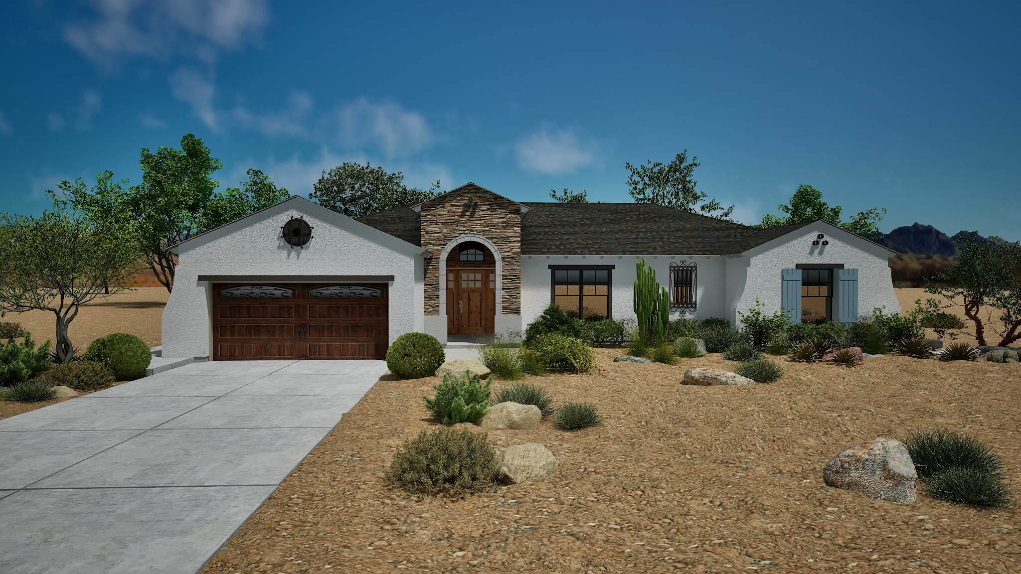 Stucco desert ranch with arched entry with light and dark accents.