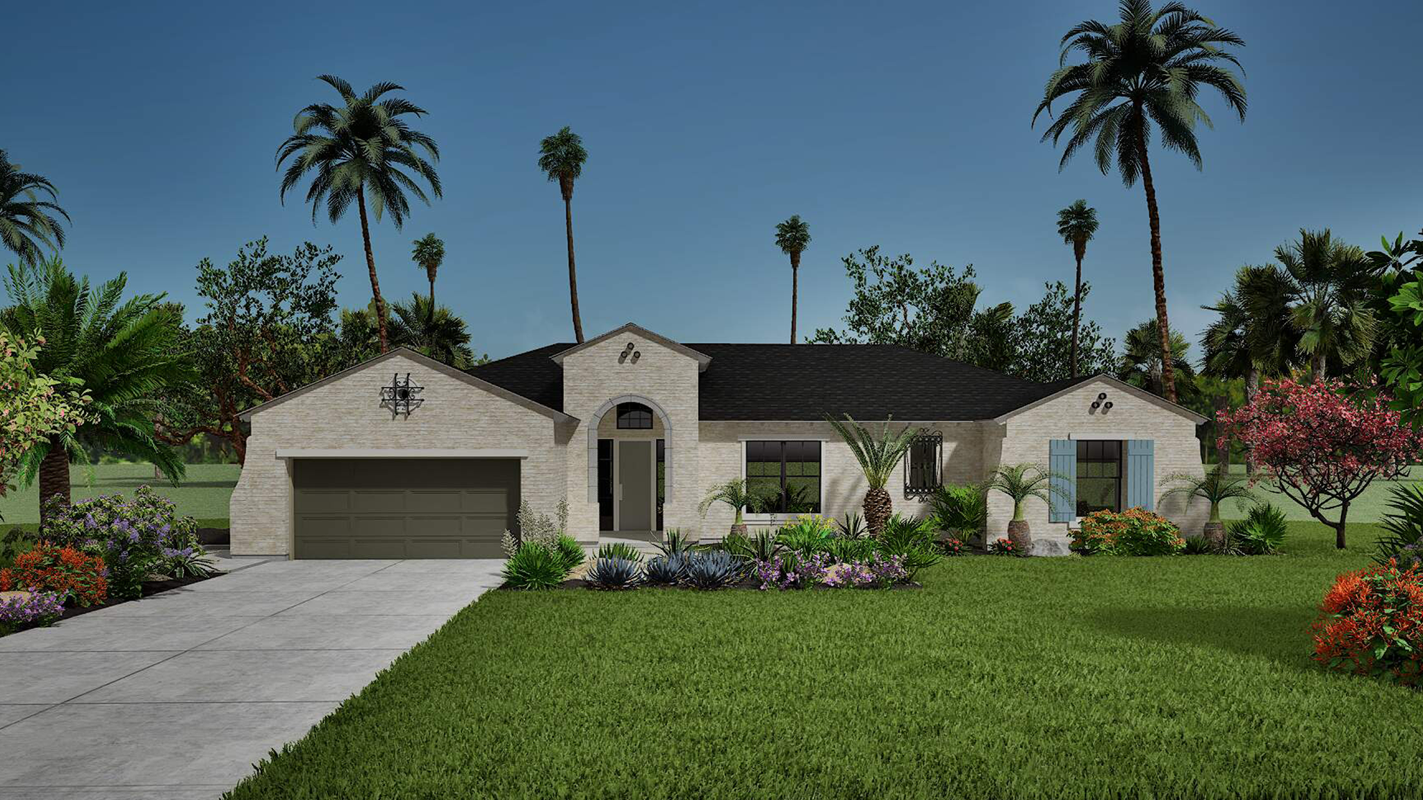 Spanish-style home with lush tropical landscaping.