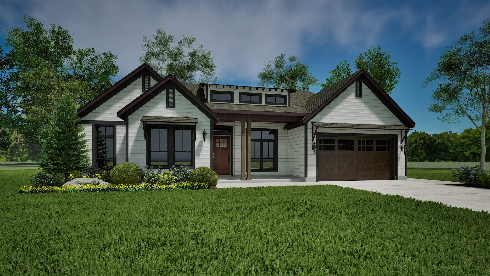 White single-story modern house with covered porch in urban setting.