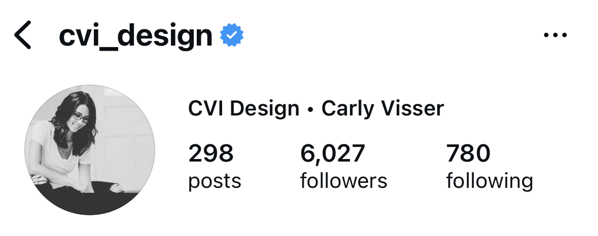 Instagram profile photo of Carly Visser from CVI Design — black-and-white portrait of her seated casually against a light backdrop.