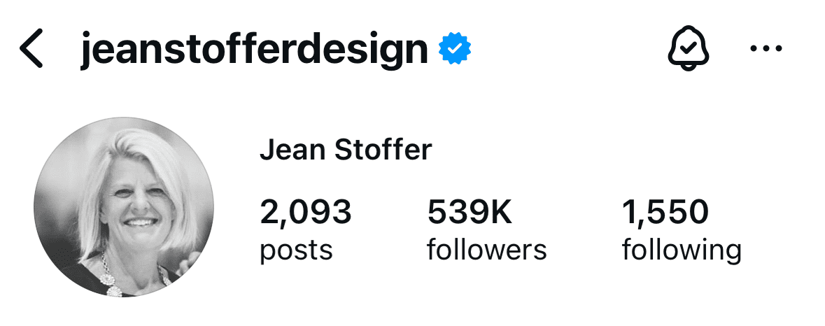 Instagram profile photo of Jean Stoffer, founder of Stoffer Home — smiling portrait in black and white.