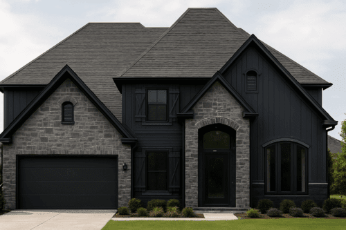 ai-two-story-dark-stone-home-black-siding AI rendering of a modern two-story home with dark stone façade and black siding.