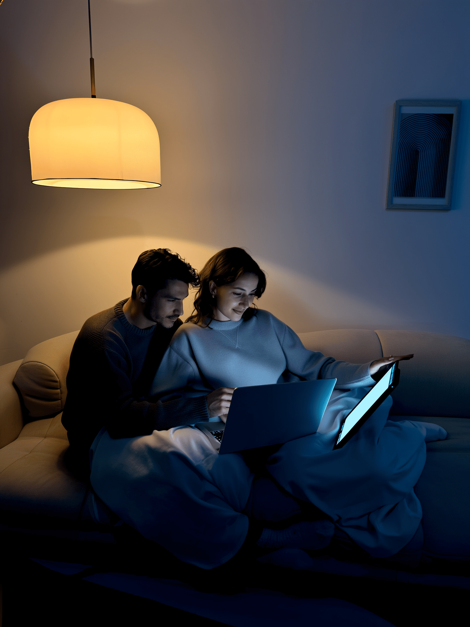 Couple browsing new build homes online late at night.