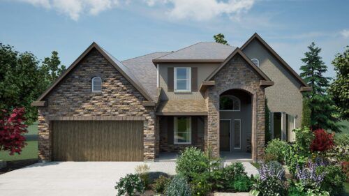 two-story-brown-stone-home-wood-garage Photorealistic endering of a two-story home with brown stone exterior, wood garage door, and neutral roof.