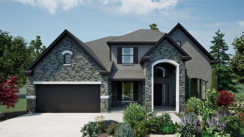 two-story-dark-gray-stone-home-black-accents Exterior rendering of a two-story home with dark gray stone façade, black shutters, and landscaped yard.