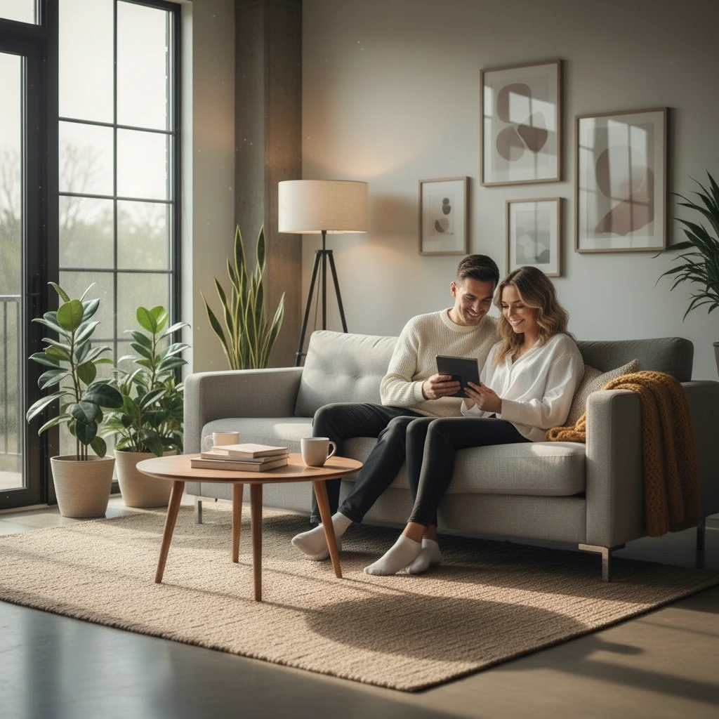 A young couple sits together on a modern living room sofa, smiling as they review home design options on a tablet. Soft natural light fills the room, which features warm décor, indoor plants, framed artwork, and a cozy, relaxed atmosphere.
