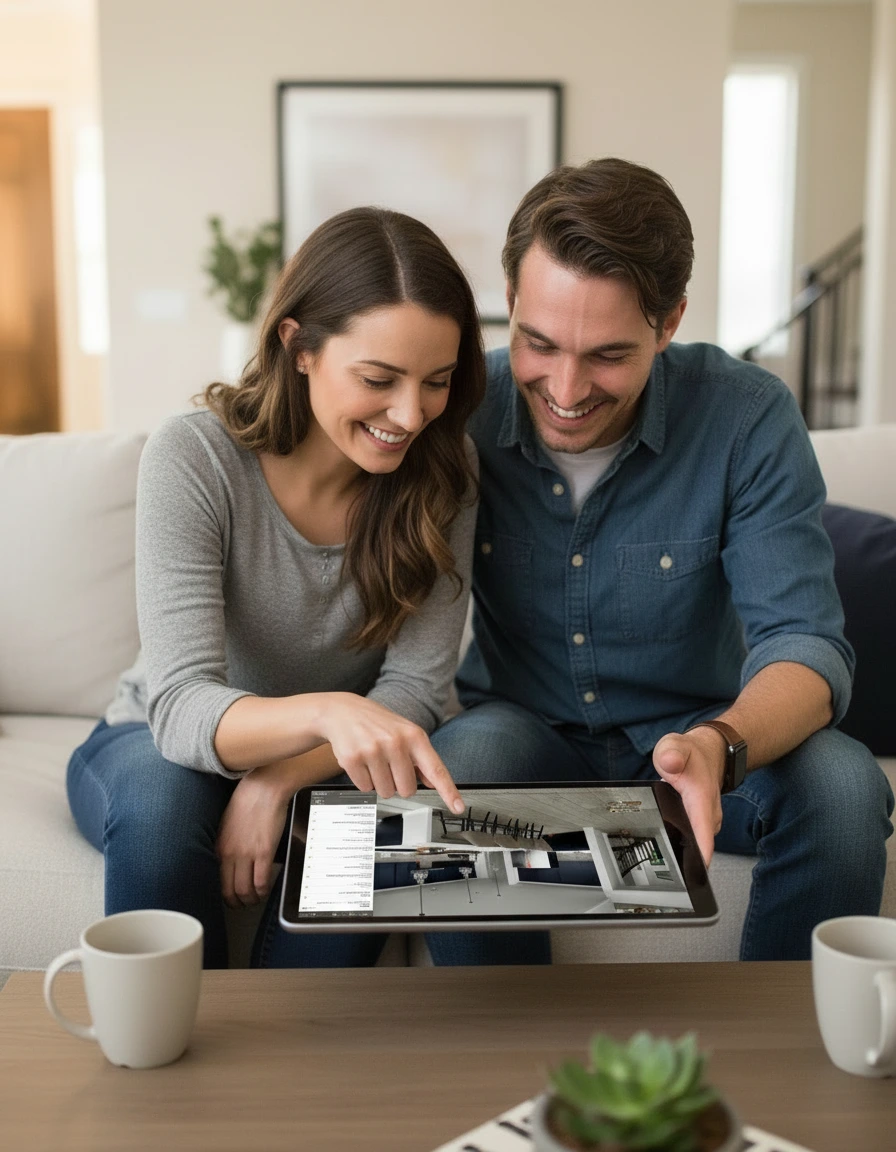A young couple sits together on a sofa reviewing a digital home design on a tablet, smiling as they explore kitchen options through an online home configurator.