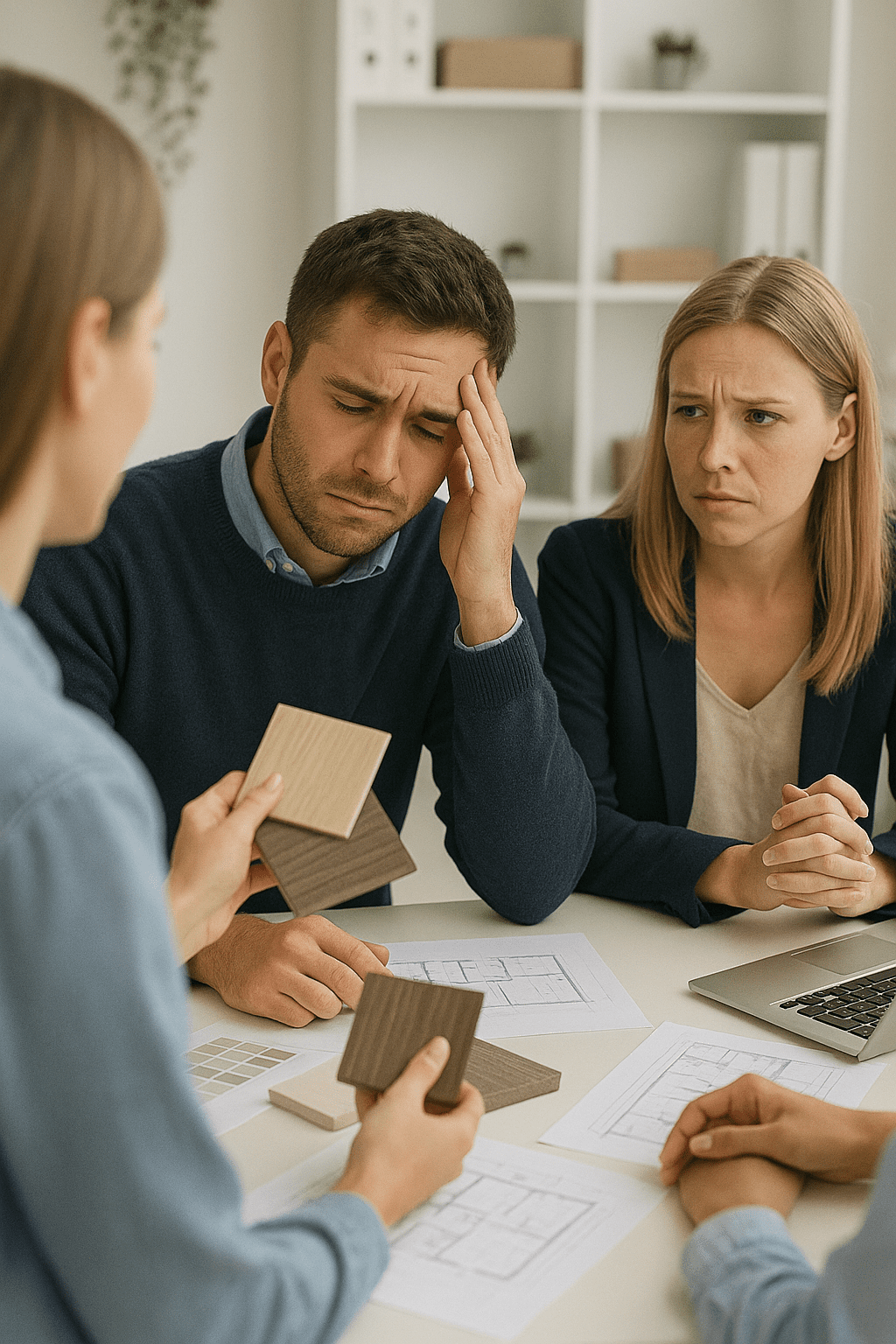 A young couple sits in a design appointment looking overwhelmed as they review wood finish samples with a consultant, showing the challenges buyers face when they can’t visualize home selections.