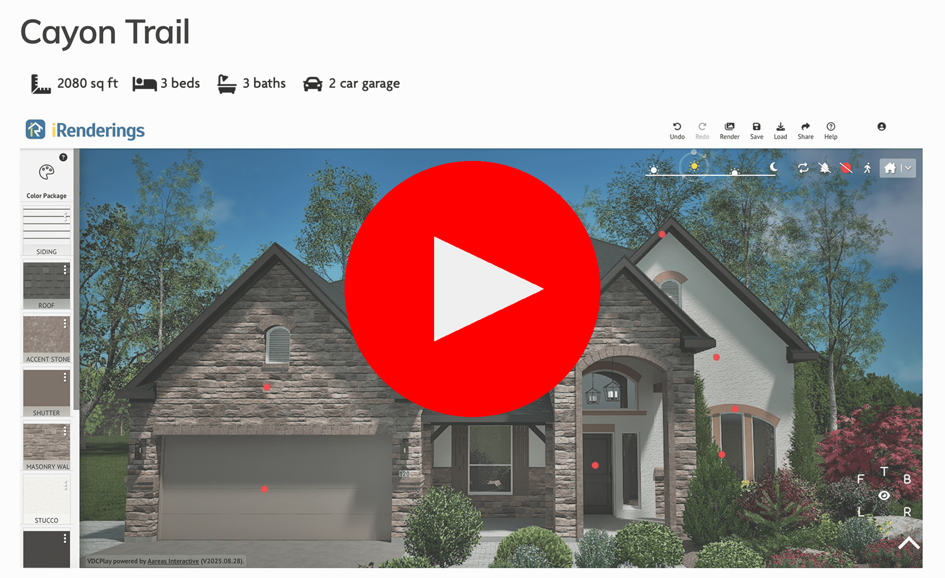 A two-story suburban home displayed inside the iRenderings exterior configurator, showing customizable siding, roof, stone, shutter, and stucco options. The interface includes material swatches on the left and editing tools across the top as the 3D exterior model updates in real time.